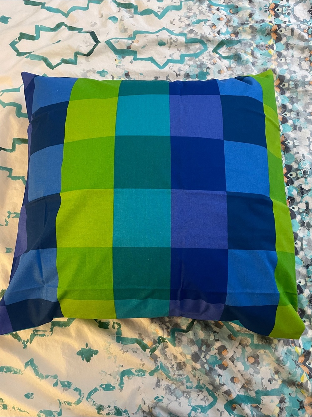 NEW IKEA BRUNKRISSLA Green and Blue Colorblock Accent Euro Pillow Cover 26”x26”